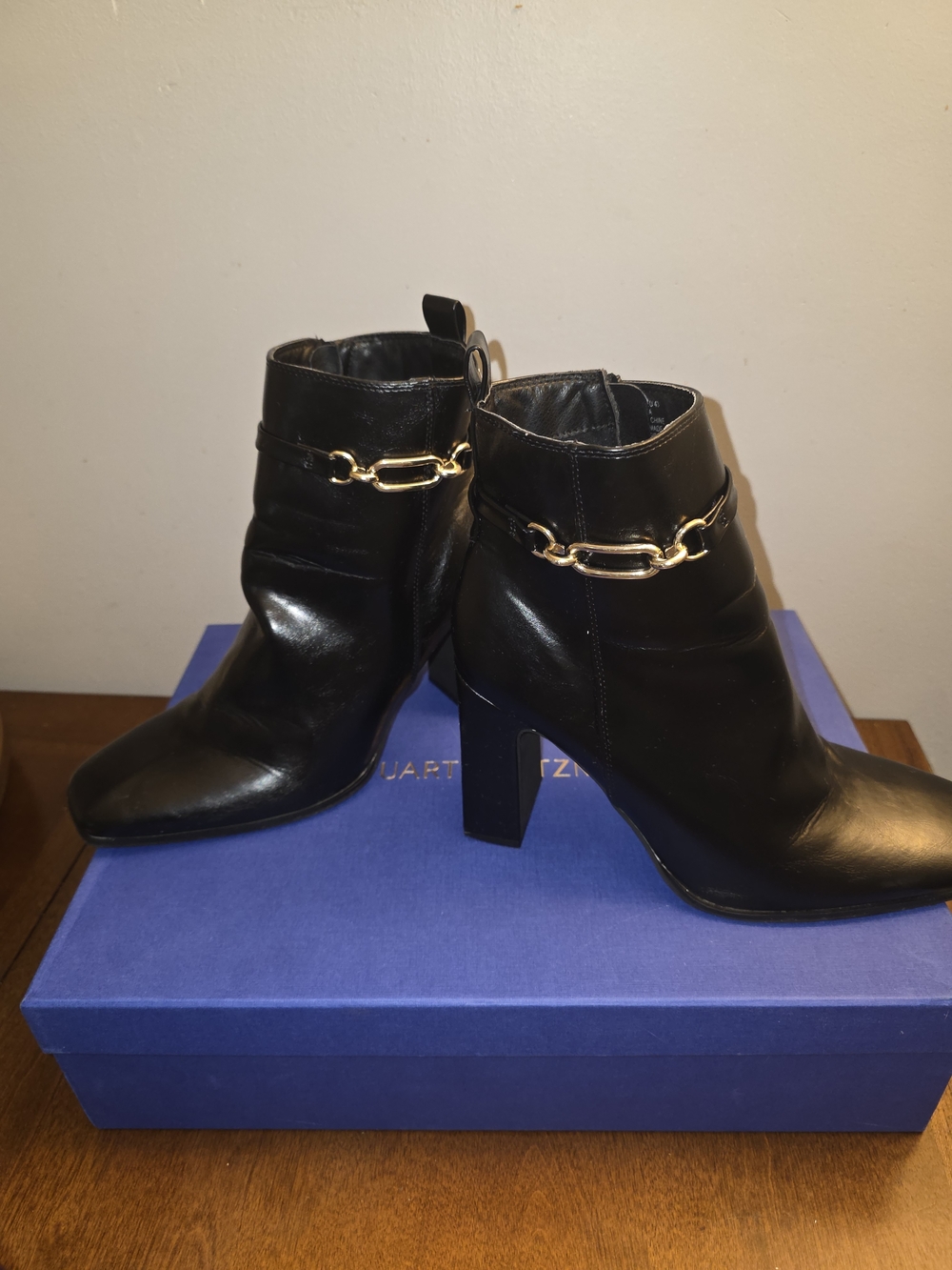 JustFab Black Ankle Booties with Gold Chain Trim
